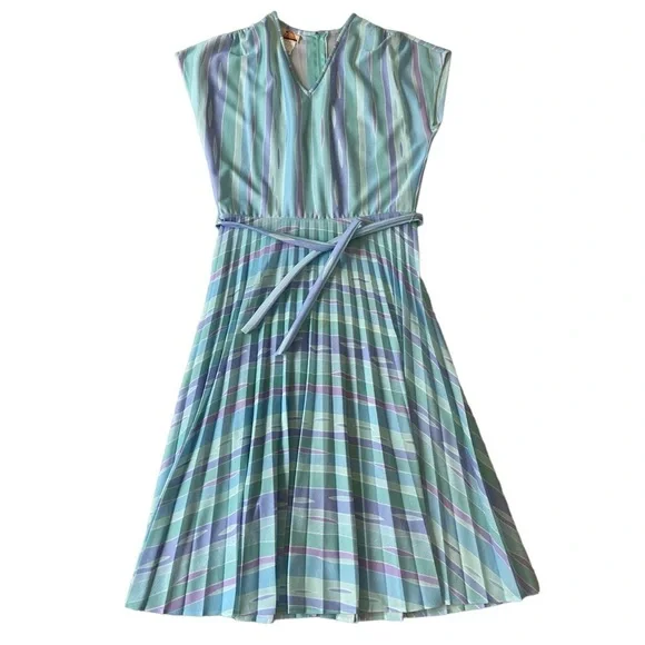 Vintage dress Touch Class pleated A-line pastel pink blue green belted size 14 - Picture 5 of 15